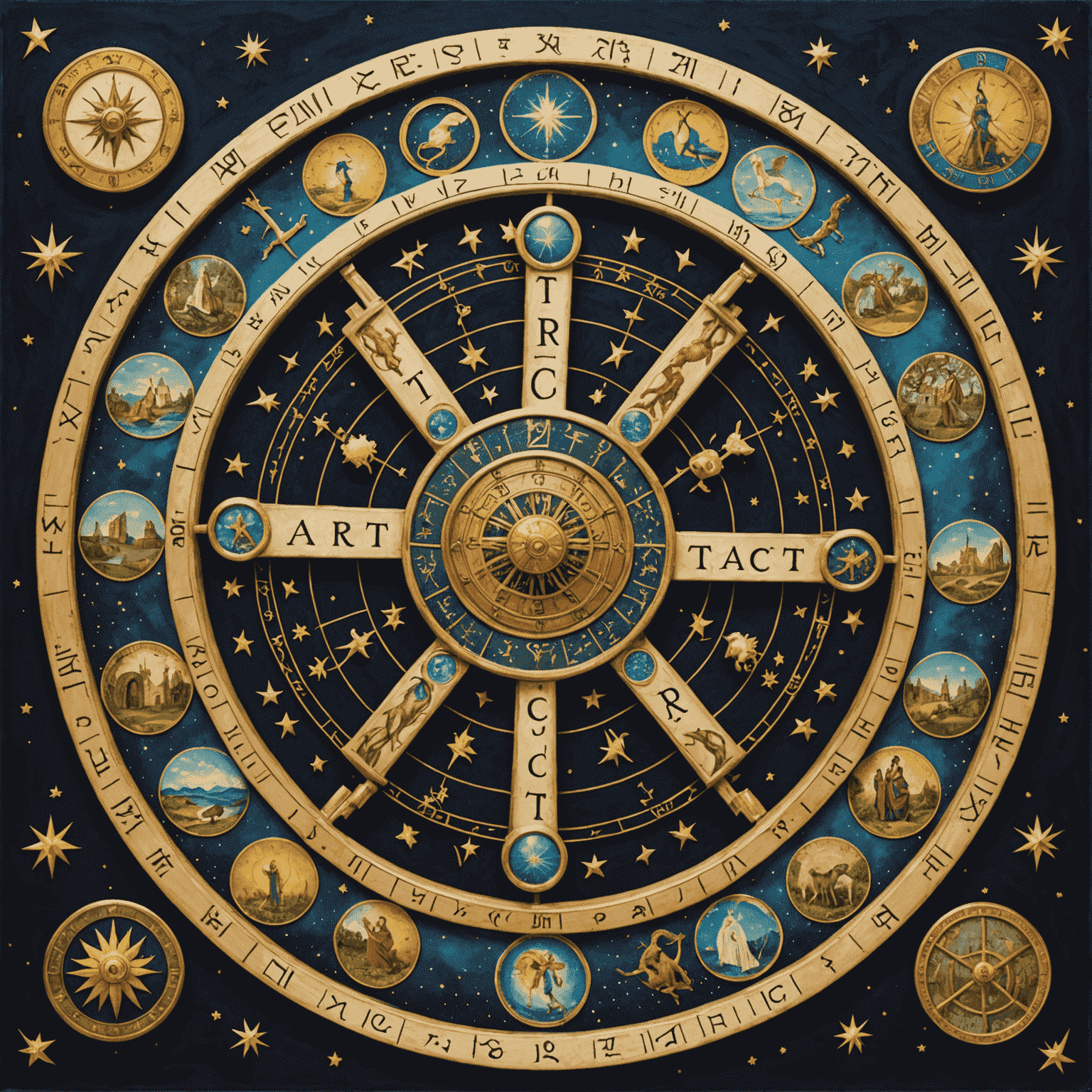 Un'immagine che mostra una ruota zodiacale intrecciata con le carte dei tarocchi, illustrando la connessione tra astrologia e tarocchi.