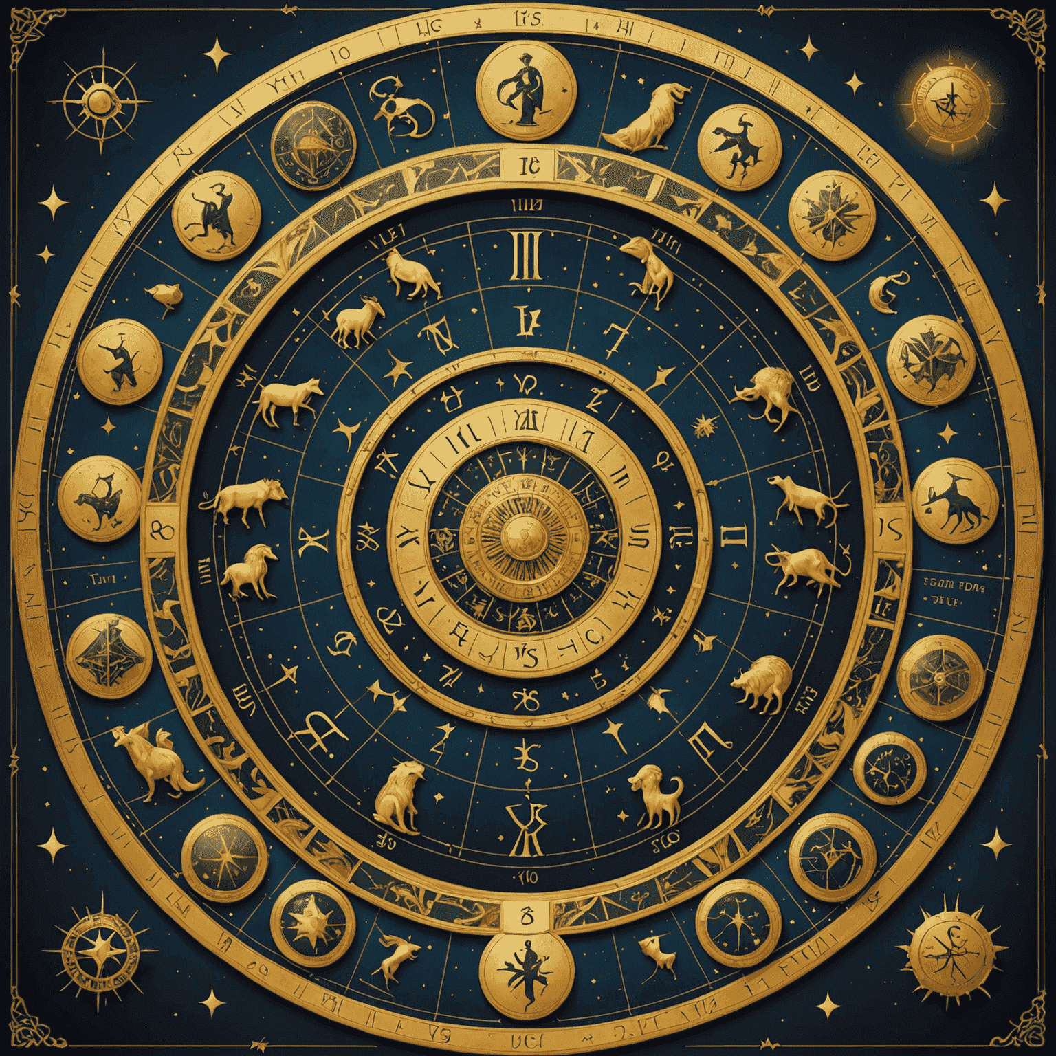 Un'illustrazione che mostra una ruota zodiacale circondata da carte dei tarocchi disposte in un cerchio. Ogni carta è collegata a un segno zodiacale da linee dorate luminose.